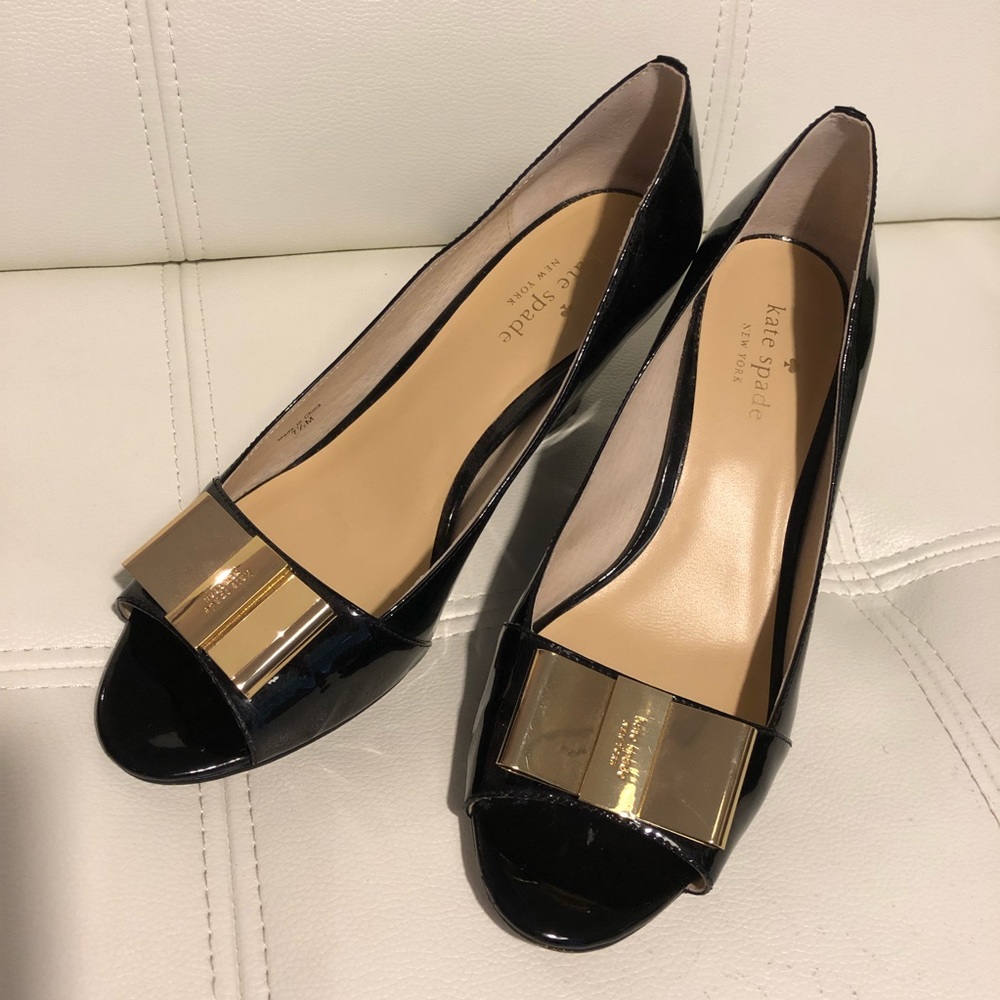 Kate Spade Black Patent Leather Gold Bow Wedges